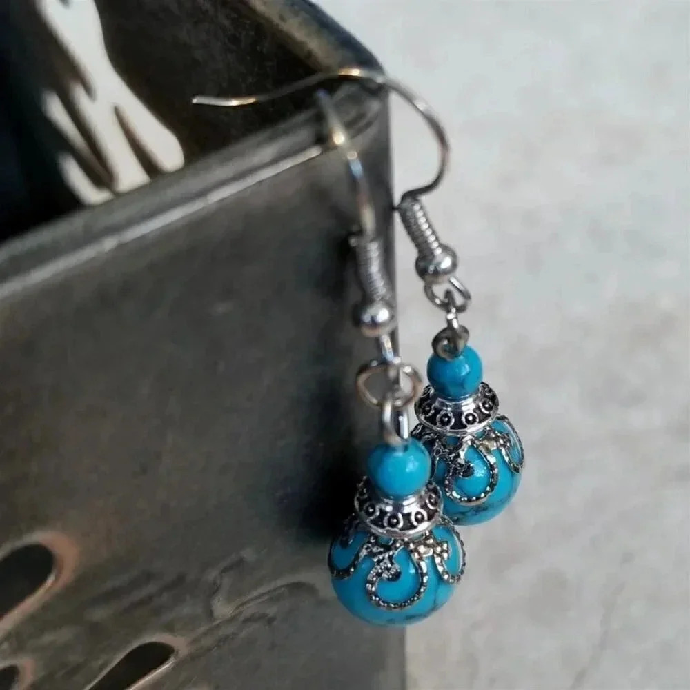 Handmade Turquoise Victorian Lace Art Nouveau Gemstone Bead Drop Earrings - Picture 2 of 7